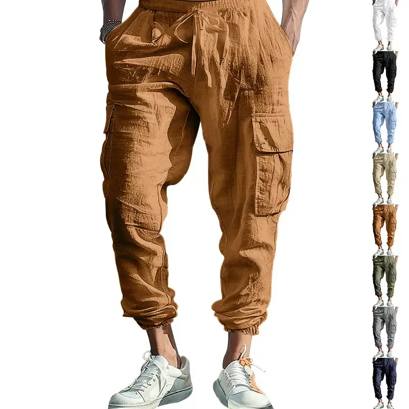 Men's Gray Drawstring Multi-Pocket Wide Tube Pants - Image 9