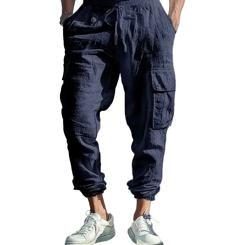 Men's Gray Drawstring Multi-Pocket Wide Tube Pants - Image 10