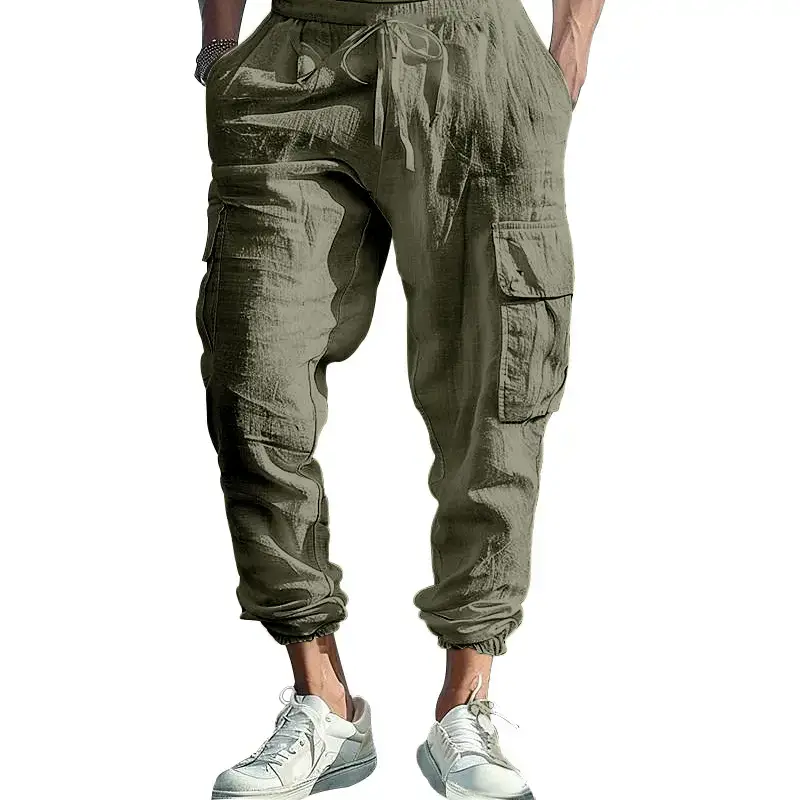 Men's Gray Drawstring Multi-Pocket Wide Tube Pants - Image 12