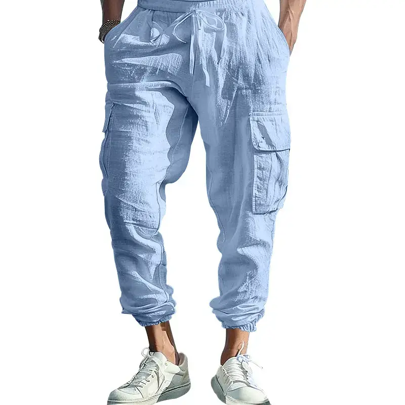 Men's Gray Drawstring Multi-Pocket Wide Tube Pants - Image 13