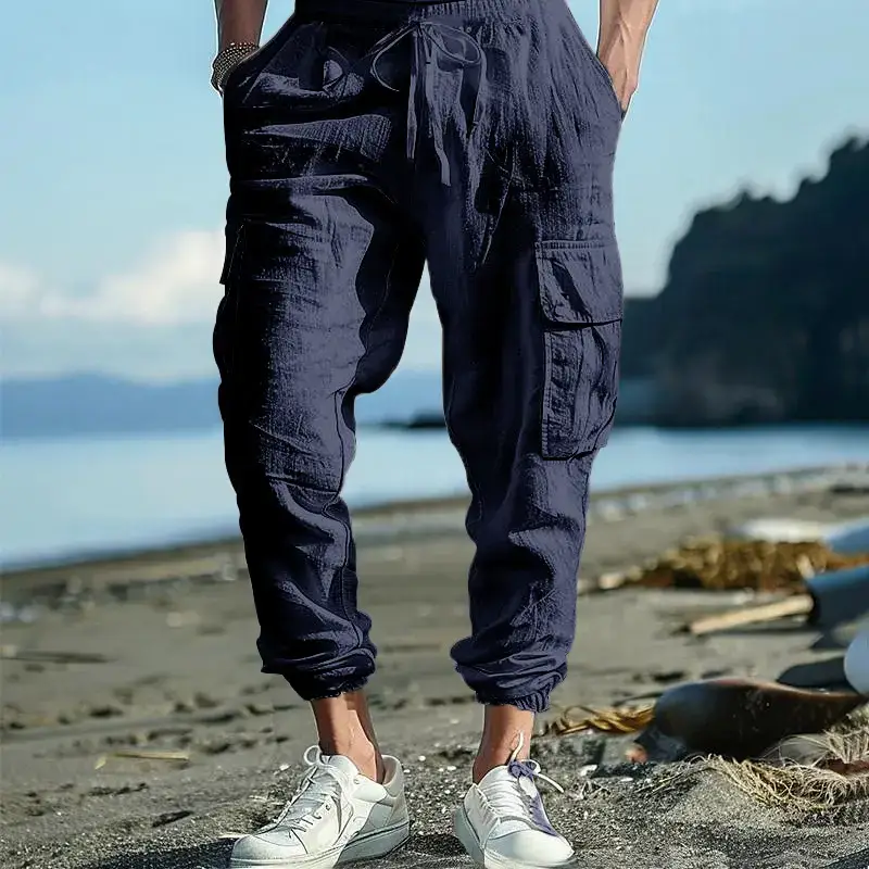 Men's Gray Drawstring Multi-Pocket Wide Tube Pants — feature 23