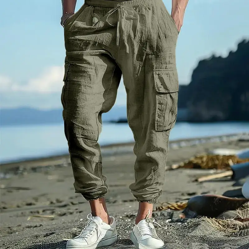 Men's Gray Drawstring Multi-Pocket Wide Tube Pants — feature 30