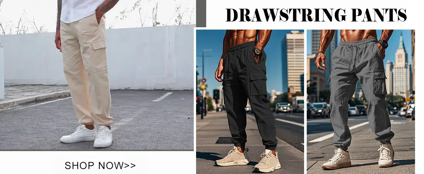 Men's Gray Drawstring Multi-Pocket Wide Tube Pants — feature 4