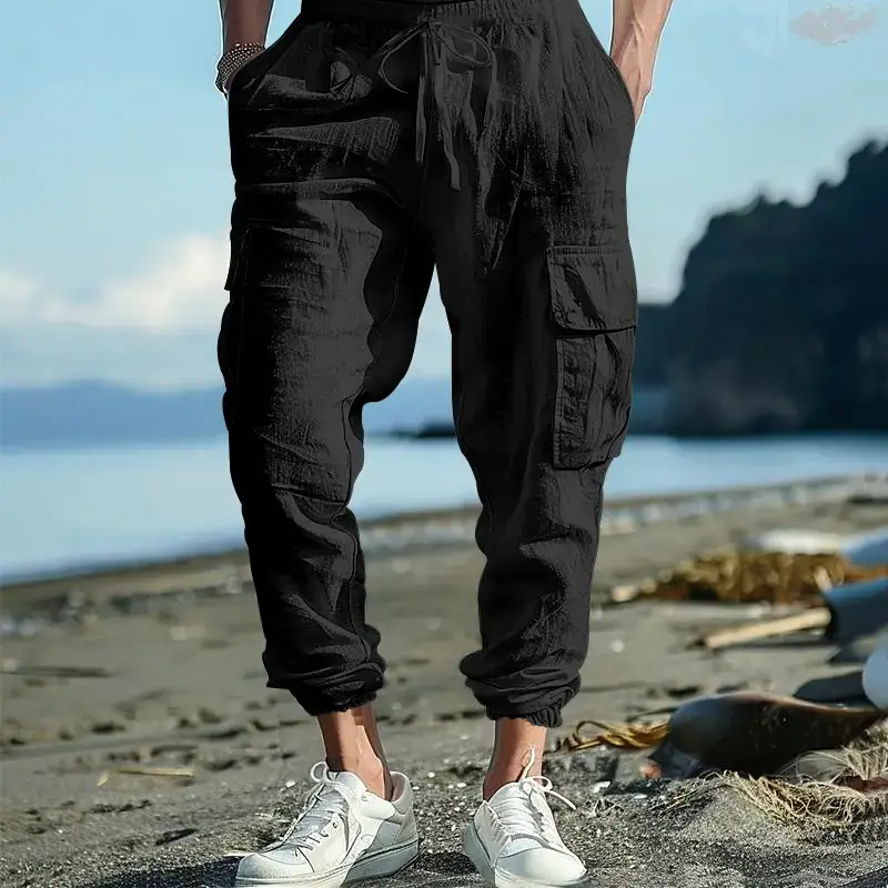 Men's Gray Drawstring Multi-Pocket Wide Tube Pants - Image 2