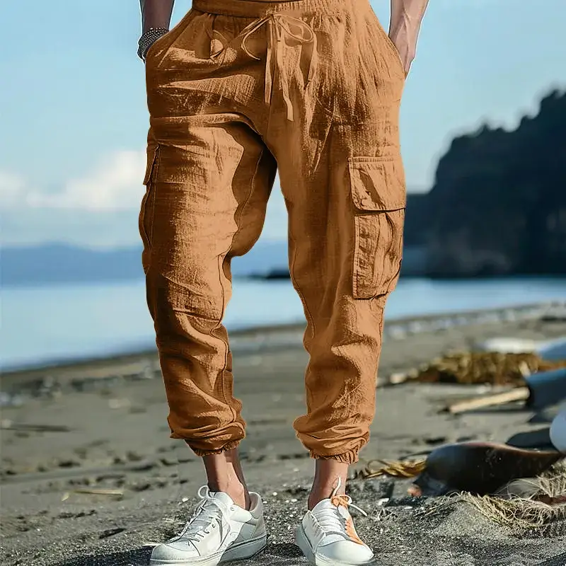Men's Gray Drawstring Multi-Pocket Wide Tube Pants - Image 4