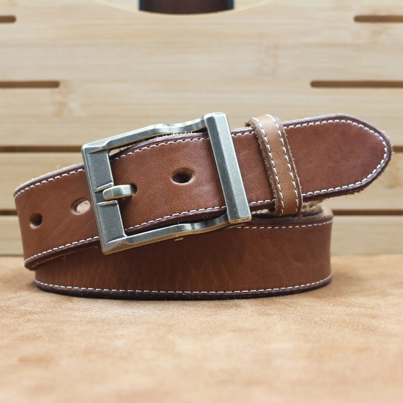 Vintage Brown Leather Belt with Silver Buckle for Men - Image 7