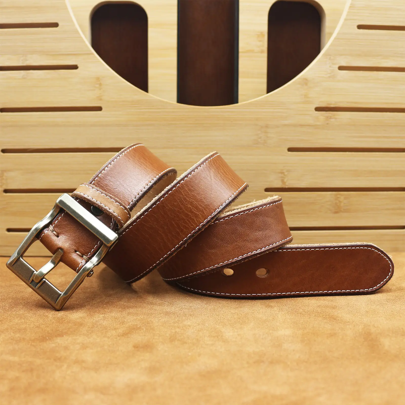 Vintage Brown Leather Belt with Silver Buckle for Men — feature 12