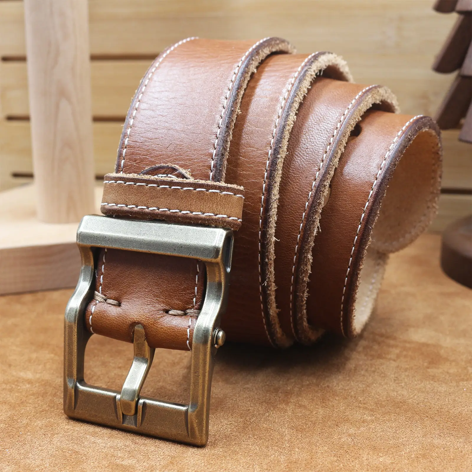 Vintage Brown Leather Belt with Silver Buckle for Men — feature 17