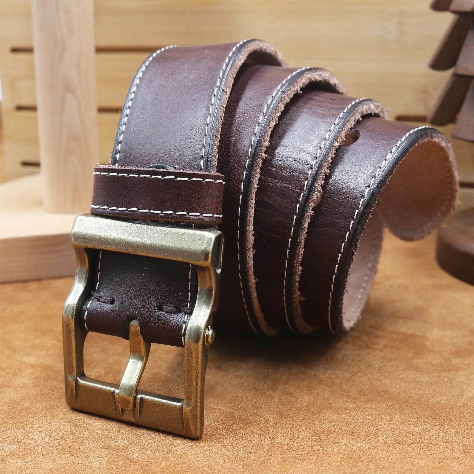 Vintage Brown Leather Belt with Silver Buckle for Men — feature 29
