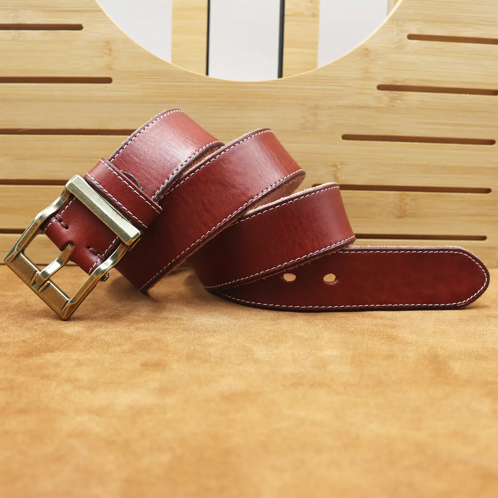 Vintage Brown Leather Belt with Silver Buckle for Men — feature 5