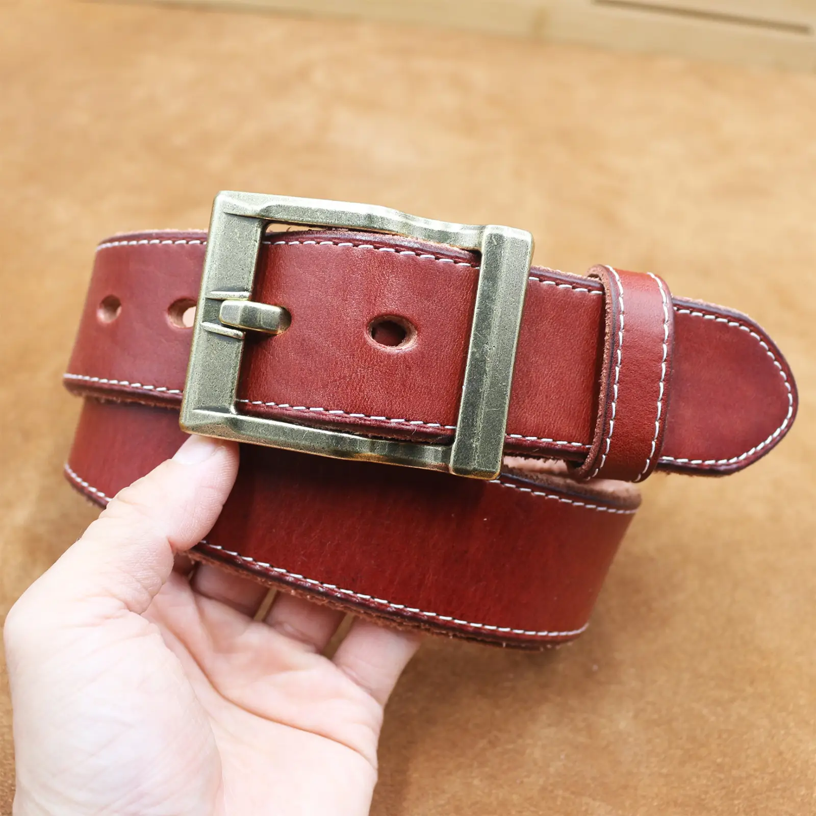 Vintage Brown Leather Belt with Silver Buckle for Men — feature 8