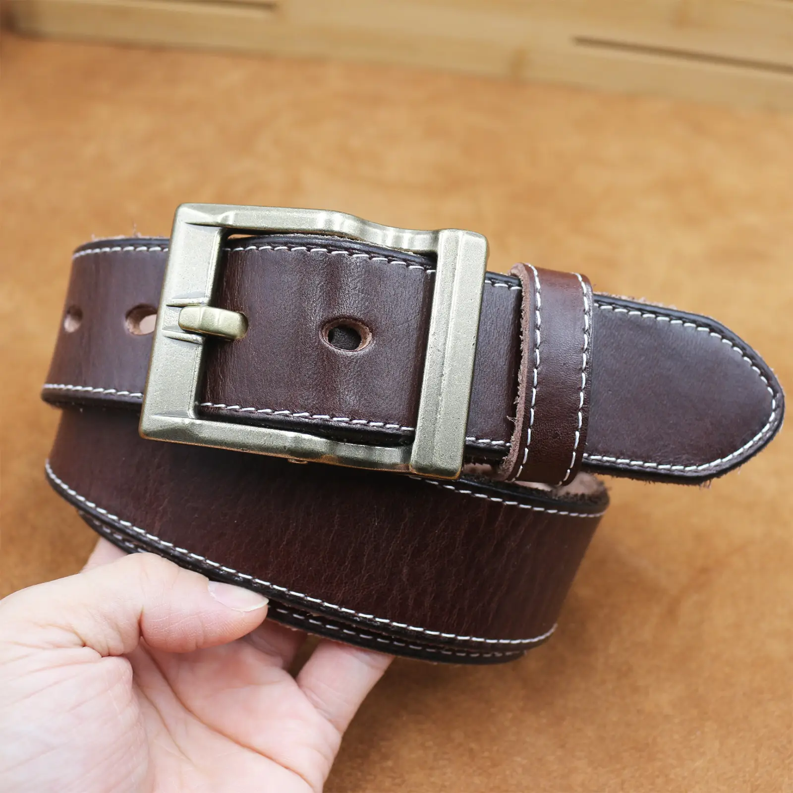 Vintage Brown Leather Belt with Silver Buckle for Men - Image 2