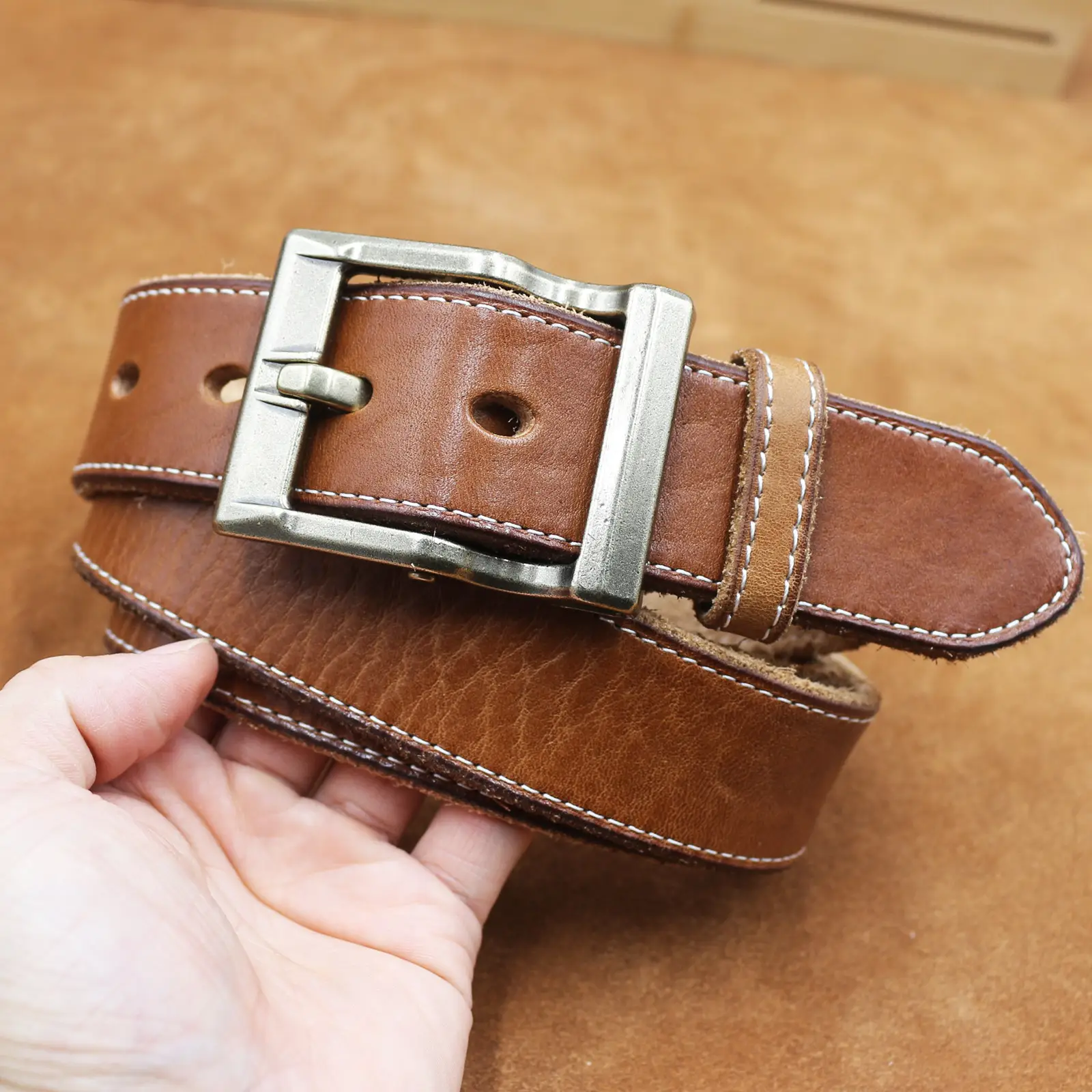Vintage Brown Leather Belt with Silver Buckle for Men - Image 3