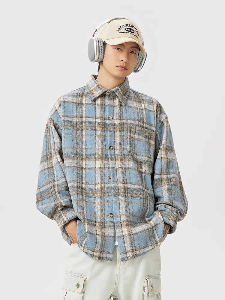 Men Plaid Long Sleeve Shirt Red Textured Loose Fit