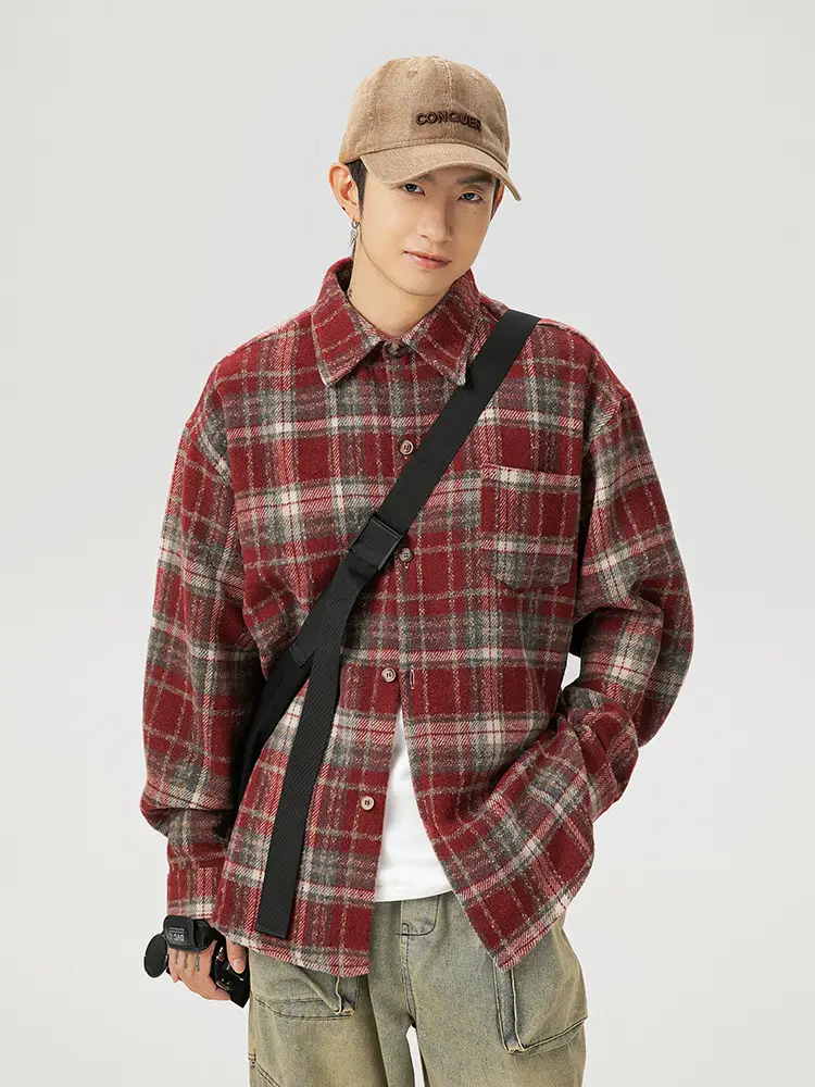 Men Plaid Long Sleeve Shirt Red Textured Loose Fit