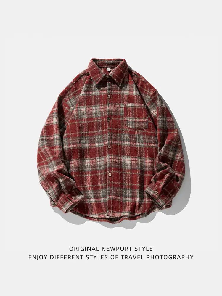 Men Plaid Long Sleeve Shirt Red Textured Loose Fit