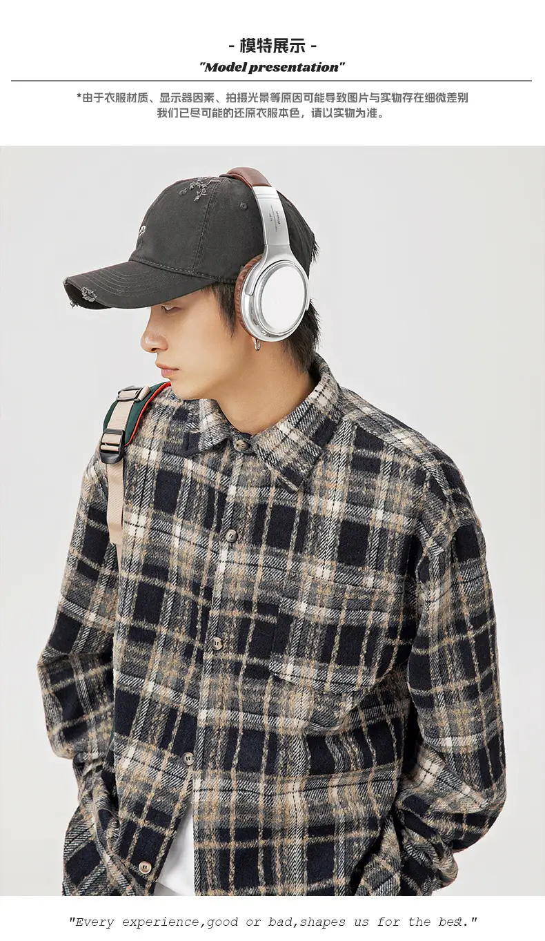 Men Plaid Long Sleeve Shirt Red Textured Loose Fit — feature 11