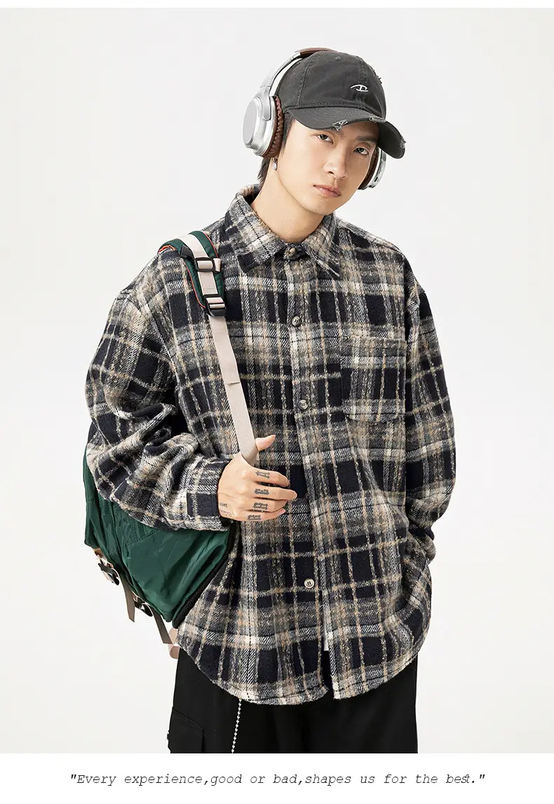 Men Plaid Long Sleeve Shirt Red Textured Loose Fit — feature 12