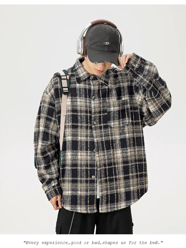 Men Plaid Long Sleeve Shirt Red Textured Loose Fit — feature 14