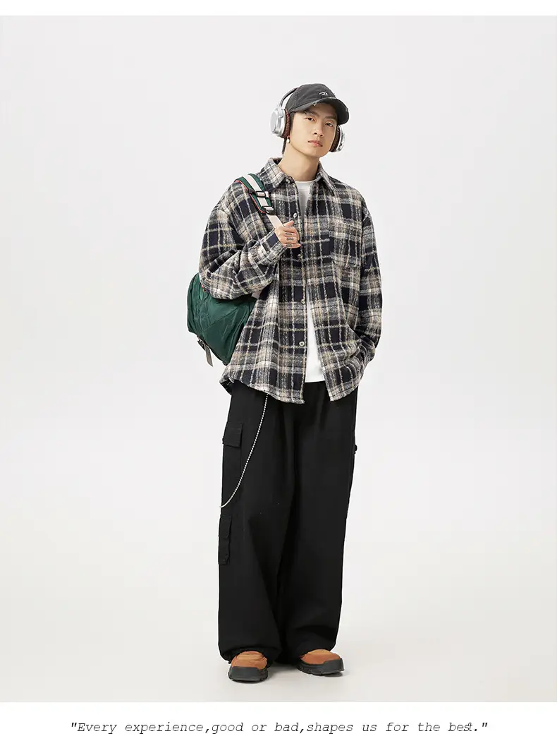 Men Plaid Long Sleeve Shirt Red Textured Loose Fit — feature 15