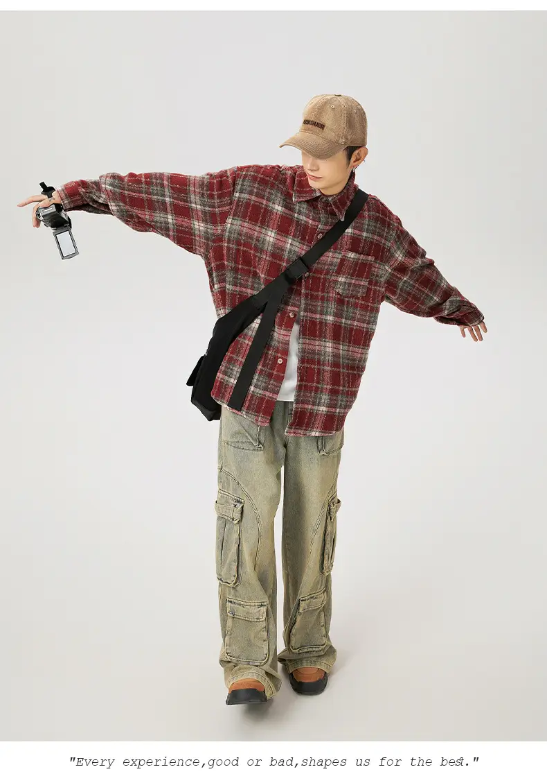 Men Plaid Long Sleeve Shirt Red Textured Loose Fit — feature 16