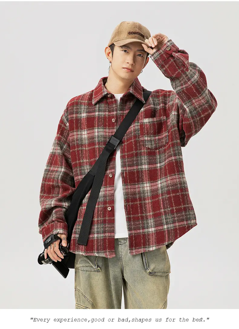 Men Plaid Long Sleeve Shirt Red Textured Loose Fit — feature 17