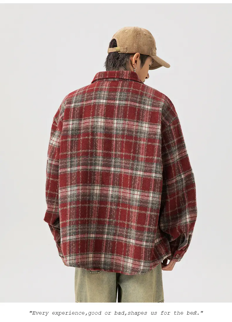 Men Plaid Long Sleeve Shirt Red Textured Loose Fit — feature 18