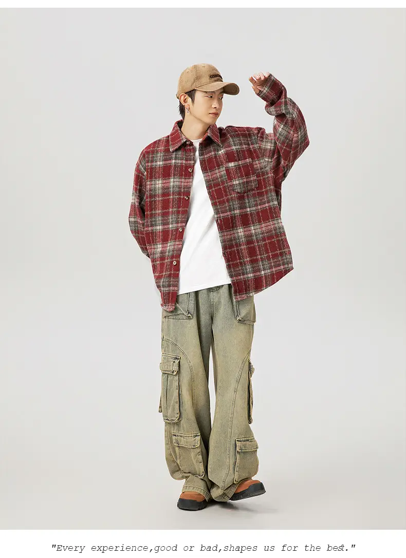 Men Plaid Long Sleeve Shirt Red Textured Loose Fit — feature 19