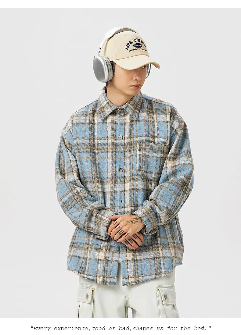 Men Plaid Long Sleeve Shirt Red Textured Loose Fit — feature 20