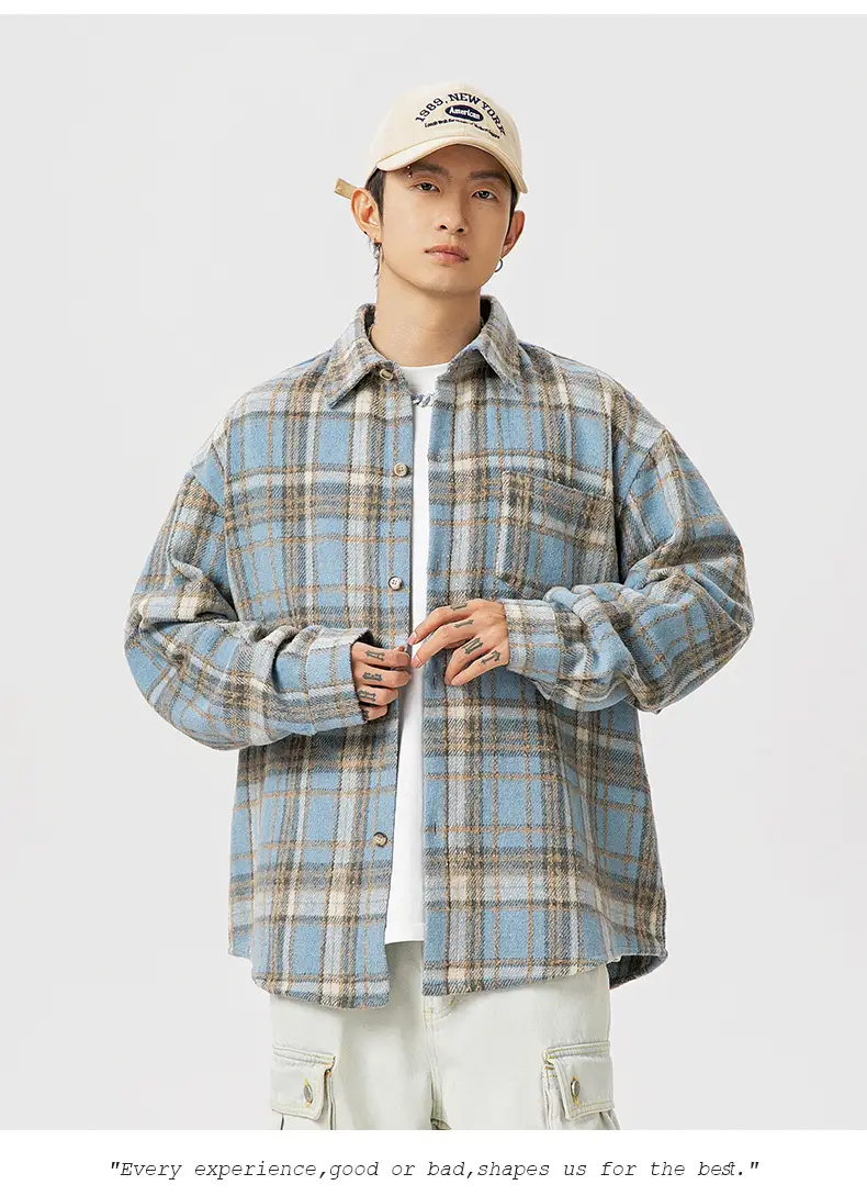 Men Plaid Long Sleeve Shirt Red Textured Loose Fit — feature 22