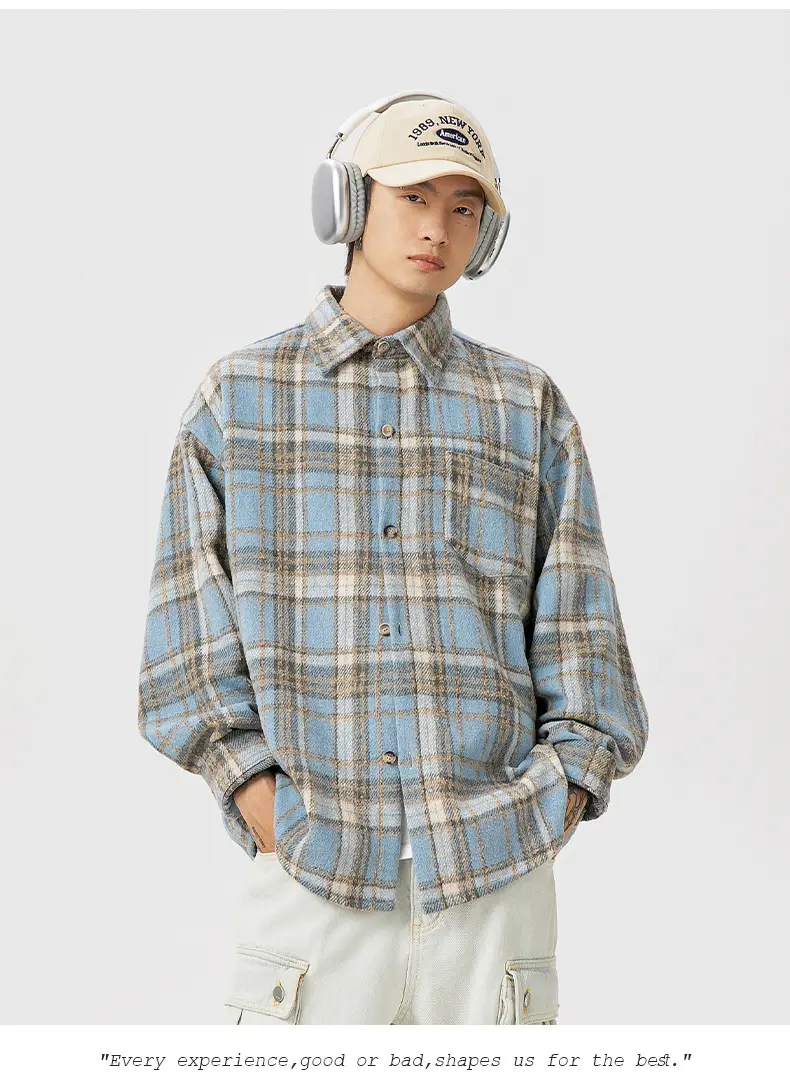 Men Plaid Long Sleeve Shirt Red Textured Loose Fit — feature 23