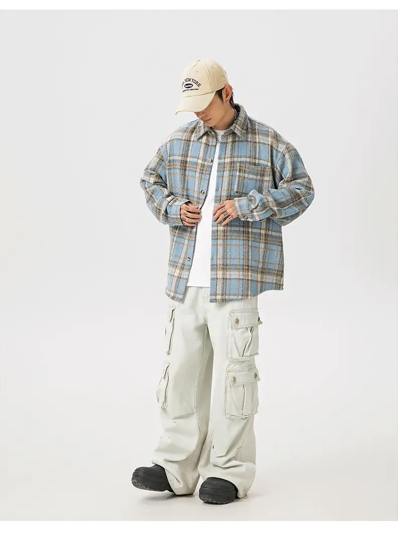 Men Plaid Long Sleeve Shirt Red Textured Loose Fit — feature 24