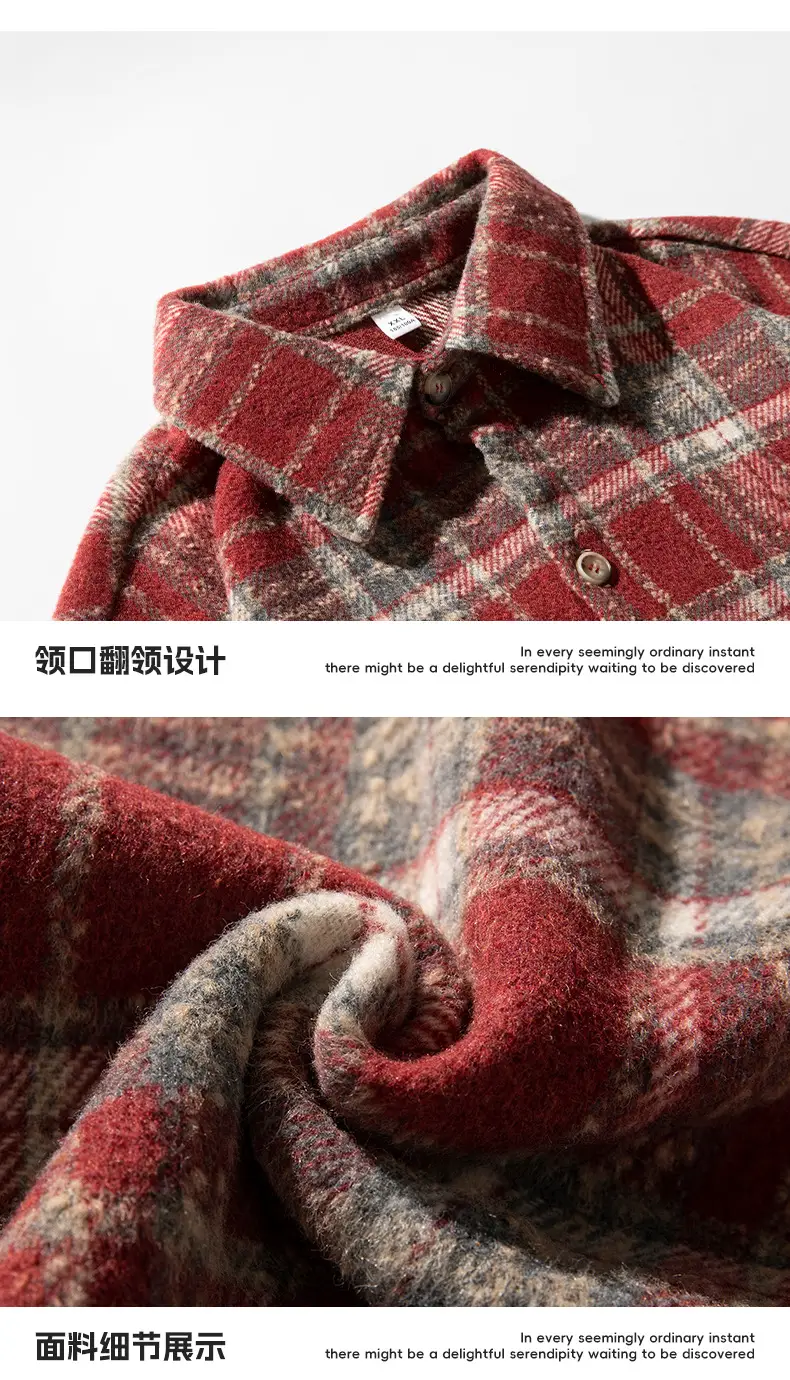 Men Plaid Long Sleeve Shirt Red Textured Loose Fit — feature 27