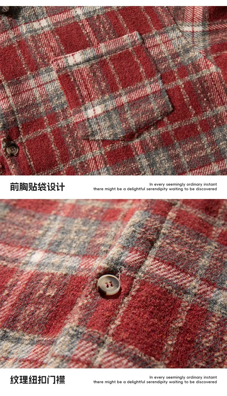 Men Plaid Long Sleeve Shirt Red Textured Loose Fit — feature 28