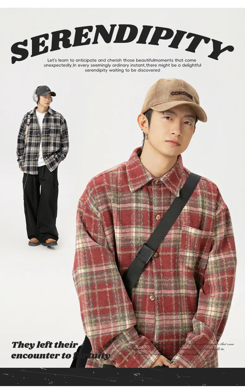 Men Plaid Long Sleeve Shirt Red Textured Loose Fit — feature 3