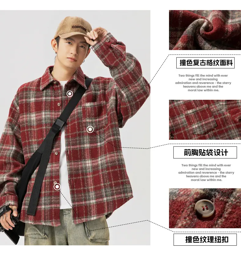 Men Plaid Long Sleeve Shirt Red Textured Loose Fit — feature 4