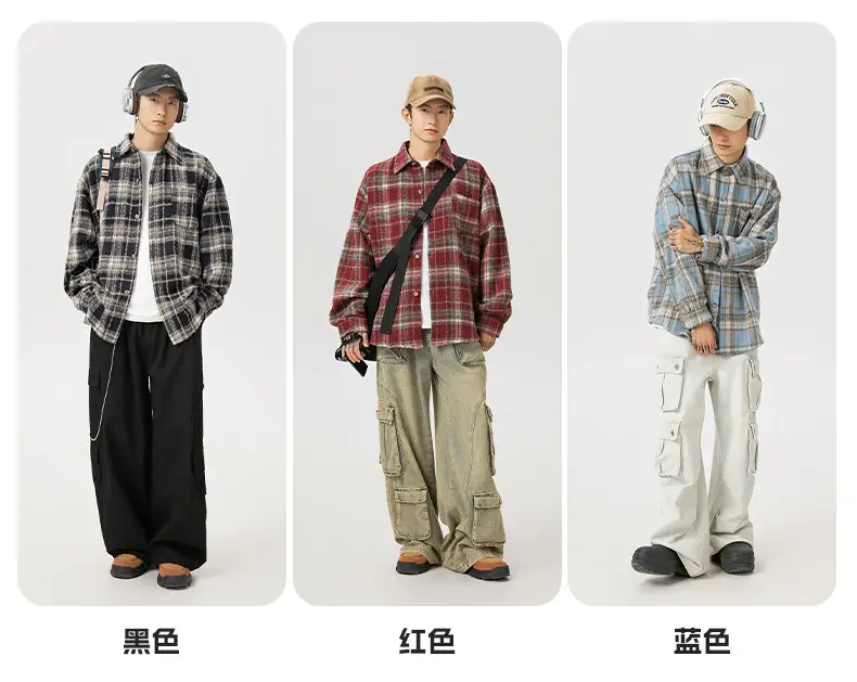 Men Plaid Long Sleeve Shirt Red Textured Loose Fit — feature 6