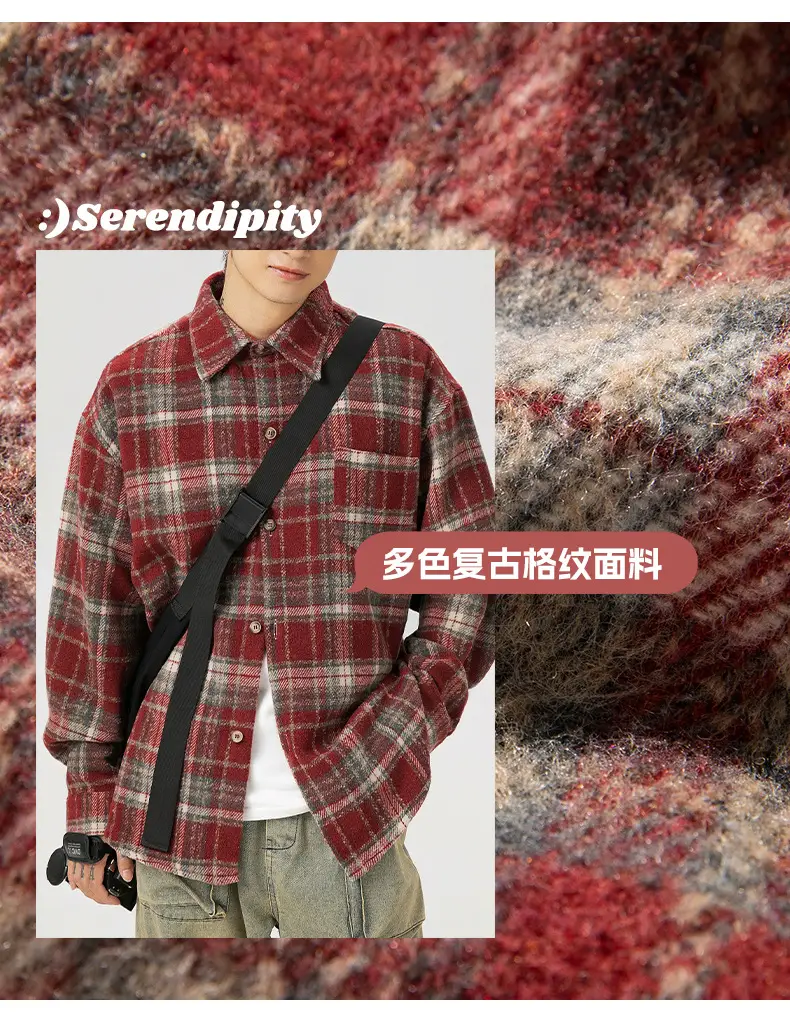 Men Plaid Long Sleeve Shirt Red Textured Loose Fit — feature 7