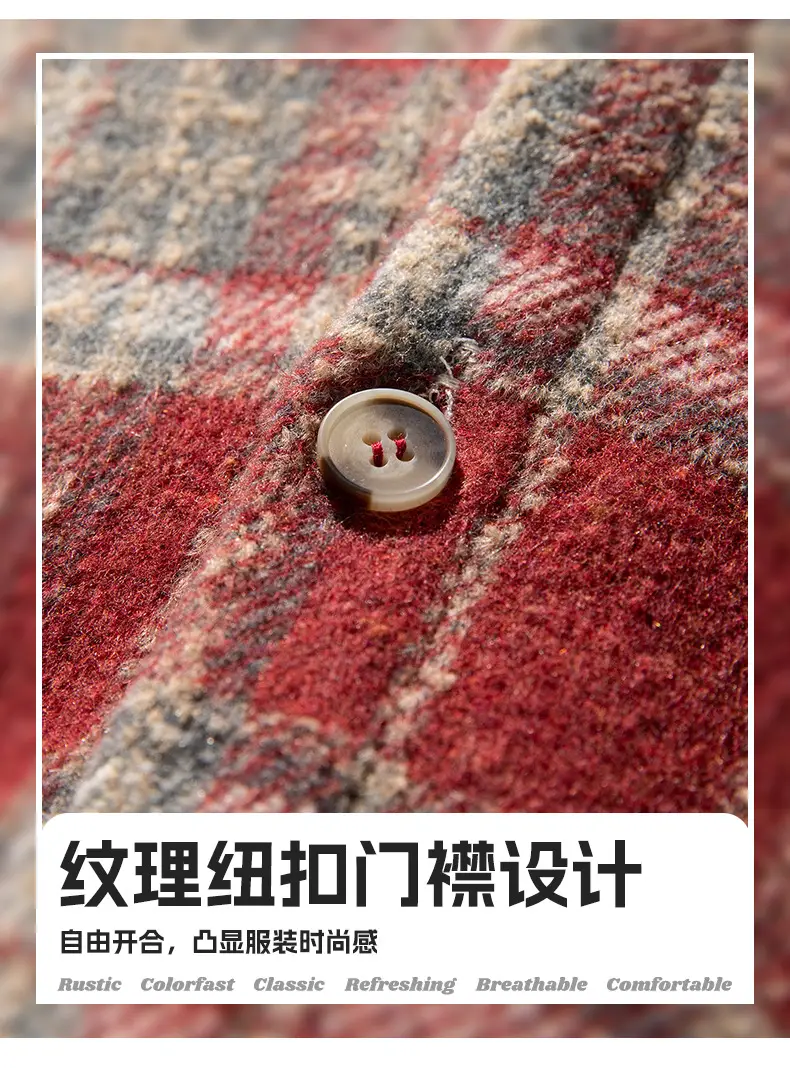 Men Plaid Long Sleeve Shirt Red Textured Loose Fit — feature 8