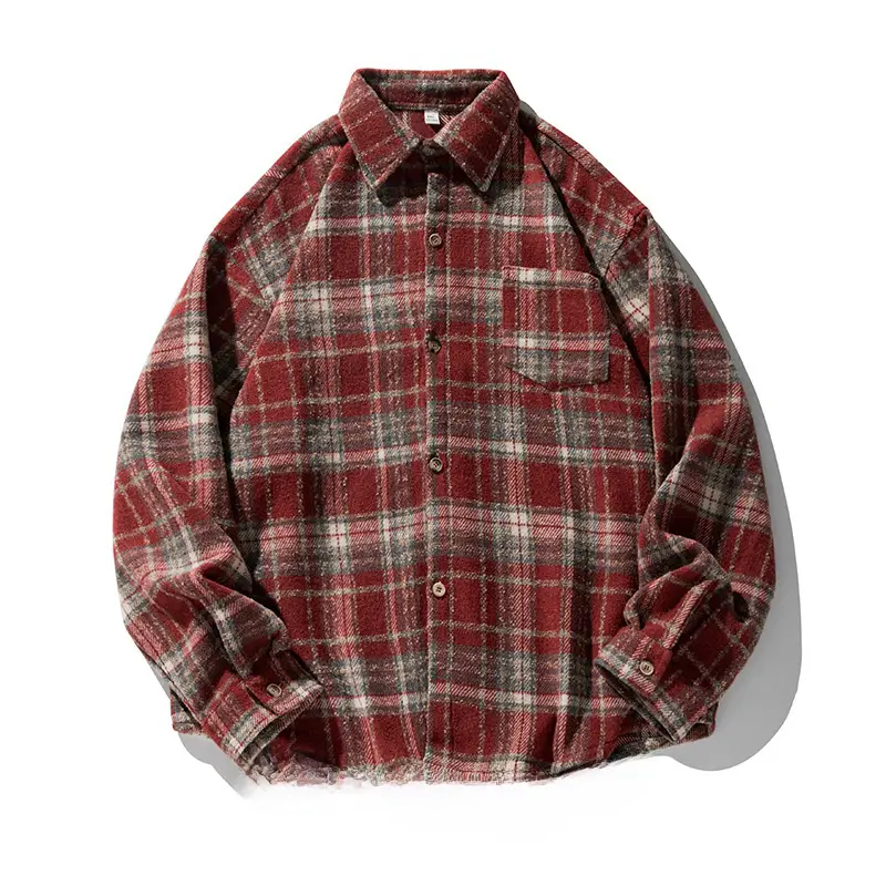 Men Plaid Long Sleeve Shirt Red Textured Loose Fit