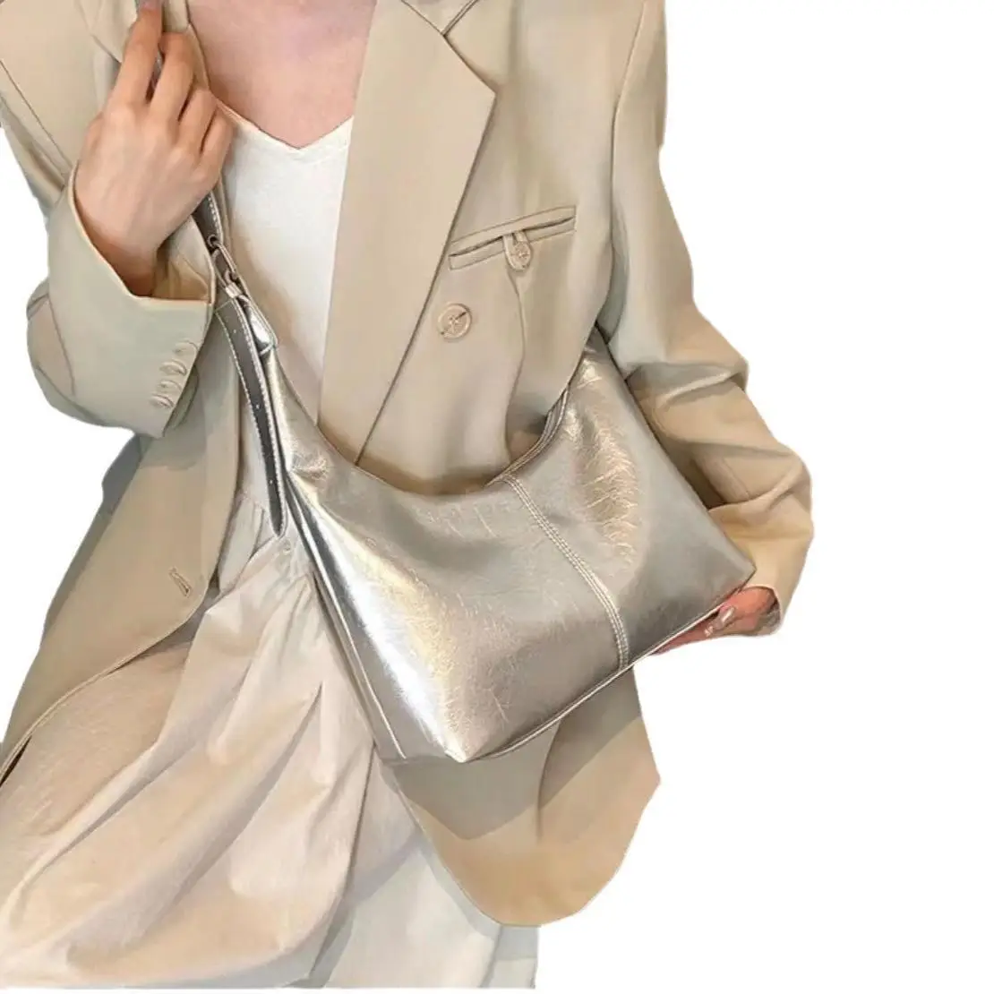 Korean Style Silver Soft Leather Tote Bag for Women - Image 6