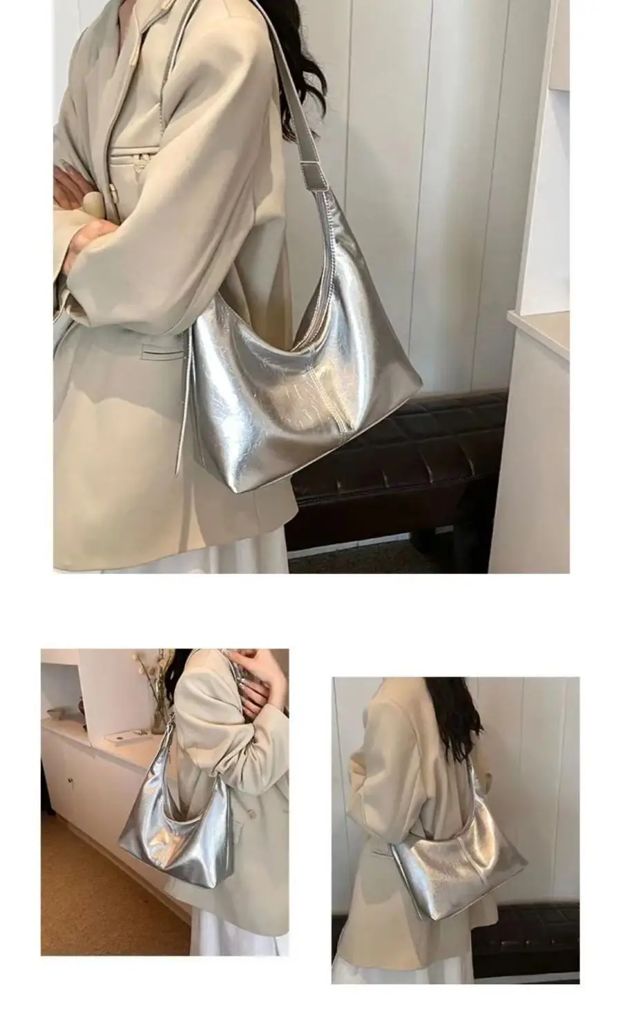 Korean Style Silver Soft Leather Tote Bag for Women — feature 2