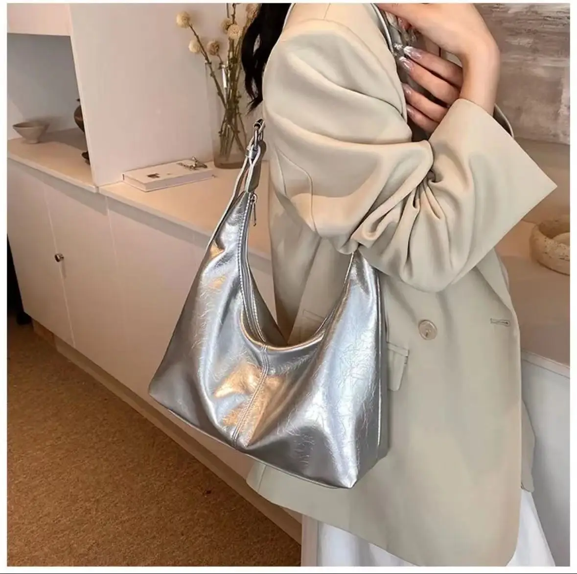 Korean Style Silver Soft Leather Tote Bag for Women — feature 4