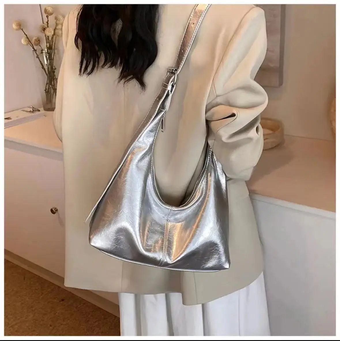 Korean Style Silver Soft Leather Tote Bag for Women — feature 5