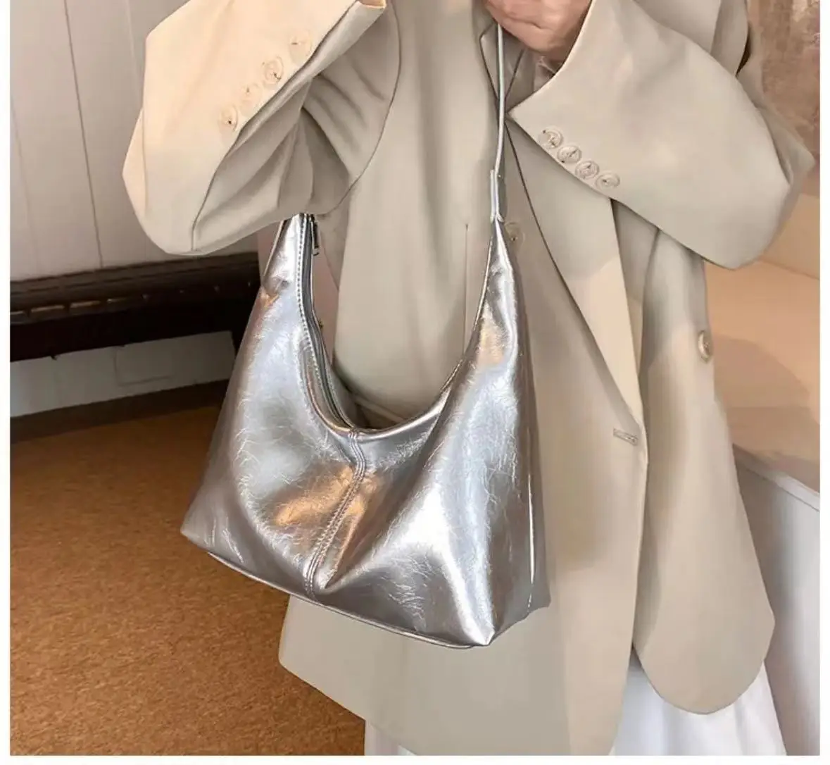 Korean Style Silver Soft Leather Tote Bag for Women — feature 6