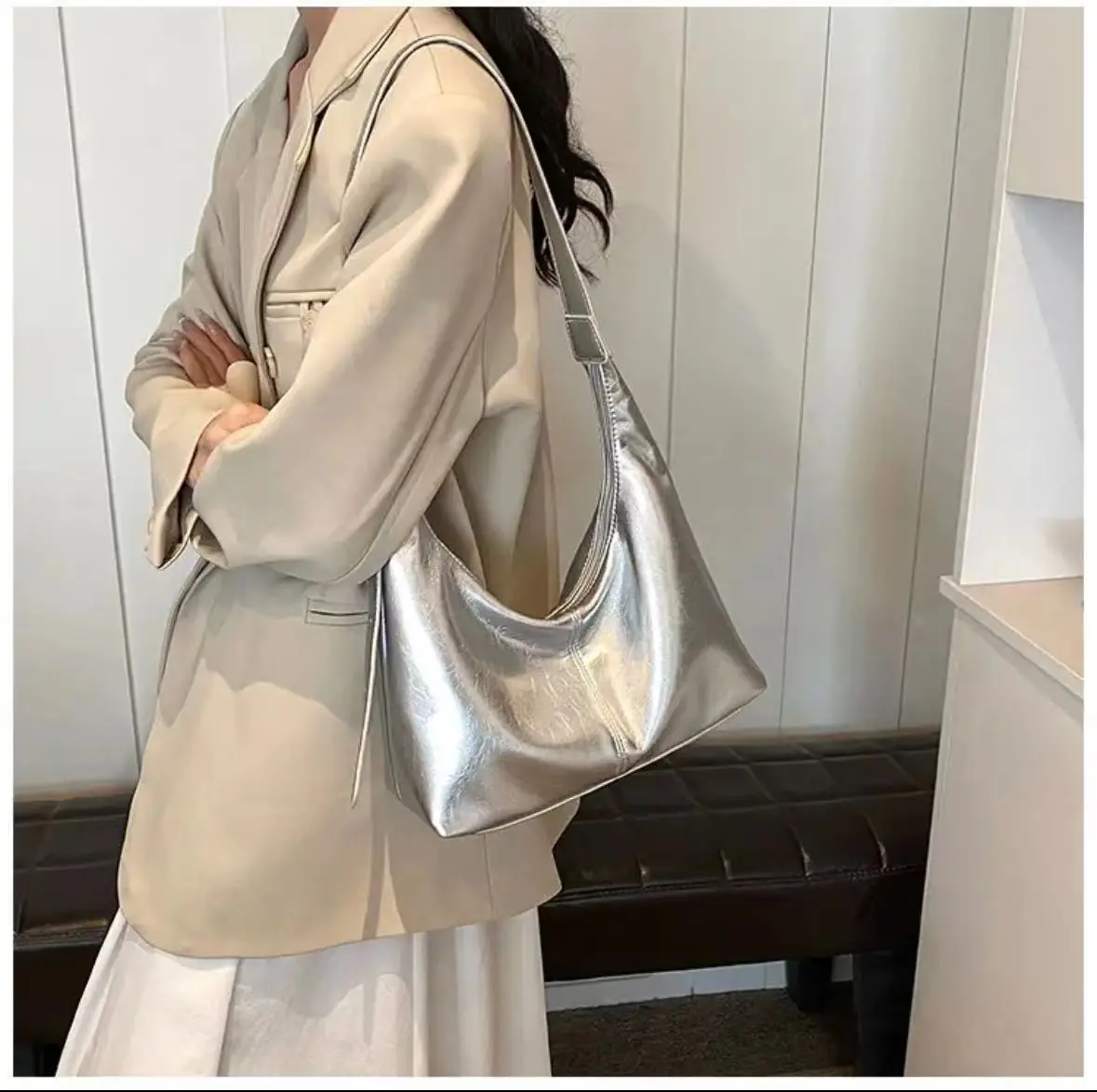 Korean Style Silver Soft Leather Tote Bag for Women — feature 7