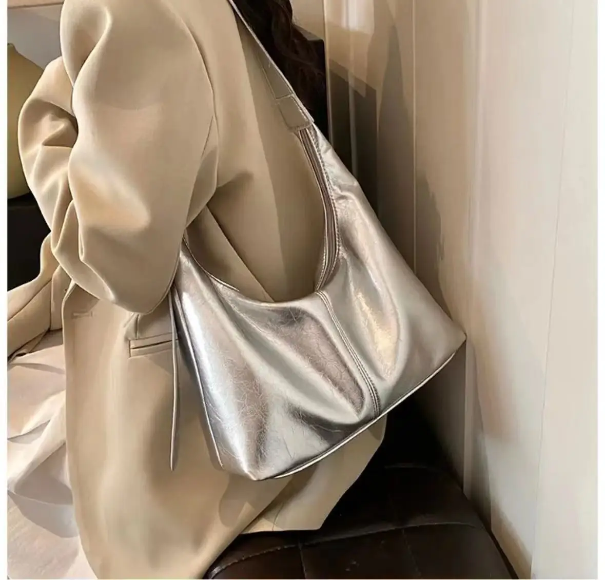 Korean Style Silver Soft Leather Tote Bag for Women — feature 9