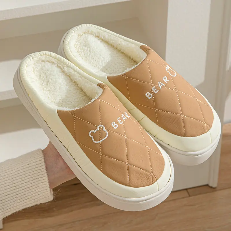 Men Winter Plush Cotton Slippers Cream Grey