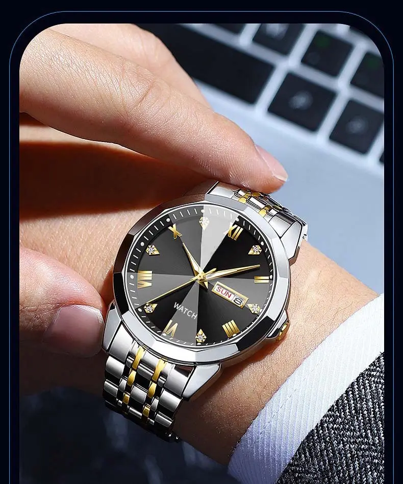 Men's Blue Roman Dial Quartz Watch with Leather Strap — feature 3
