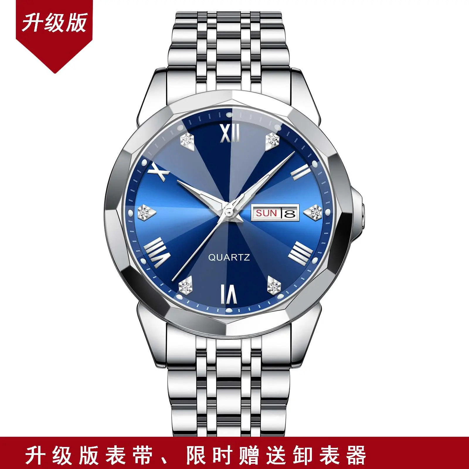 Men's Blue Roman Dial Quartz Watch with Leather Strap - Image 4